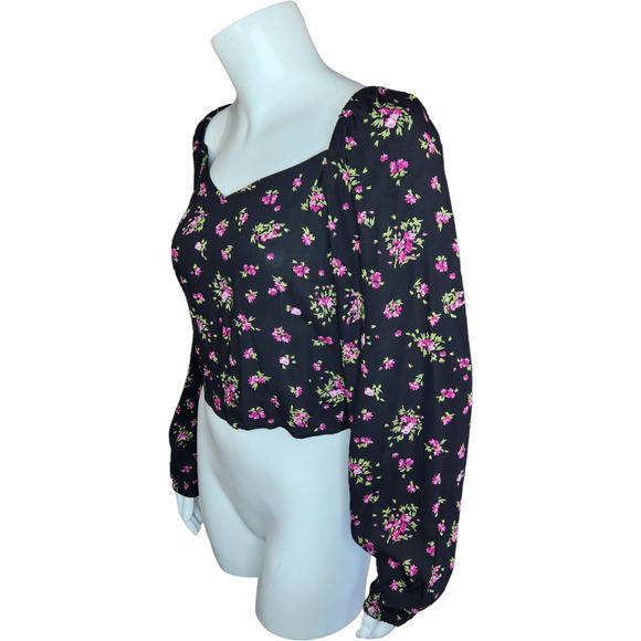 Vero Moda Womens Medium VMANNA Long Sleeve Crop Top Black Pink Floral Smock NWT - Picture 3 of 16